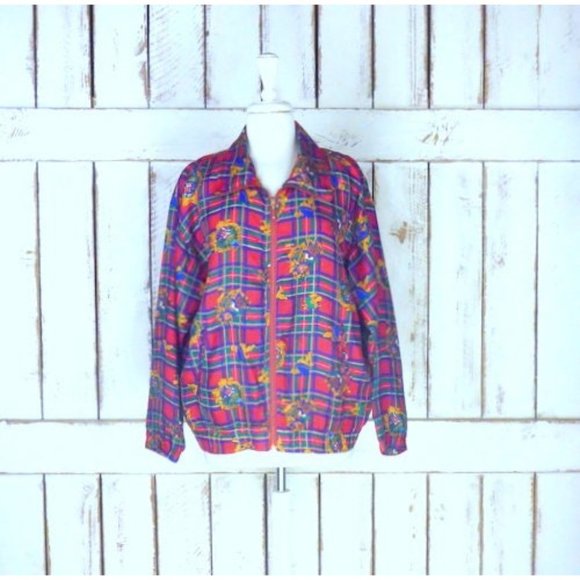 Vintage red blue checker plaid crest medallion print silk windbreaker - Picture 6 of 6